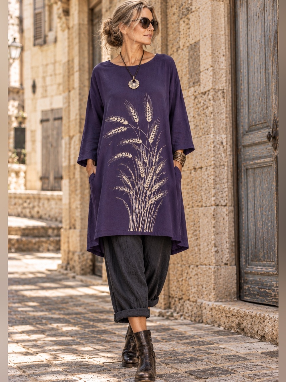 Minibee Purple L Linen Cotton Embroidered Tunic Dress Lagenlook Art To Wear